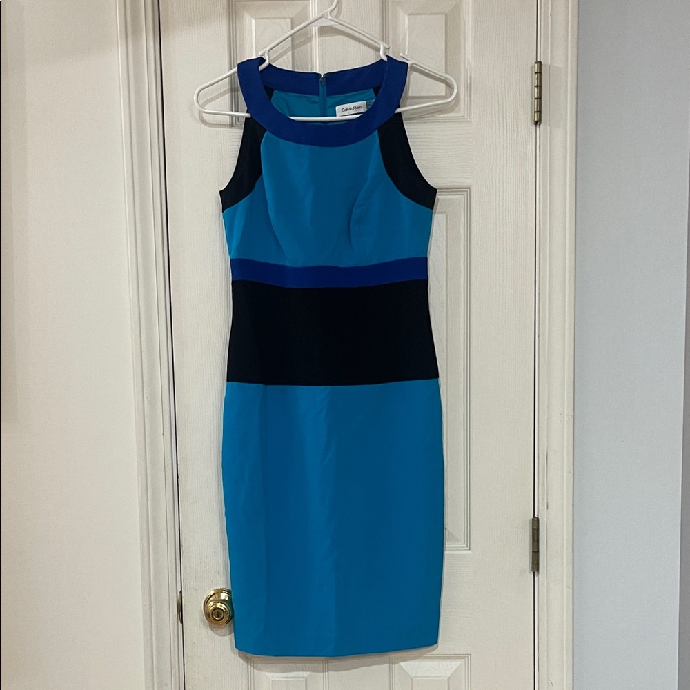 Calvin Klein Teal & Black Blocked Midi Sheath Dress with Cobalt Trim